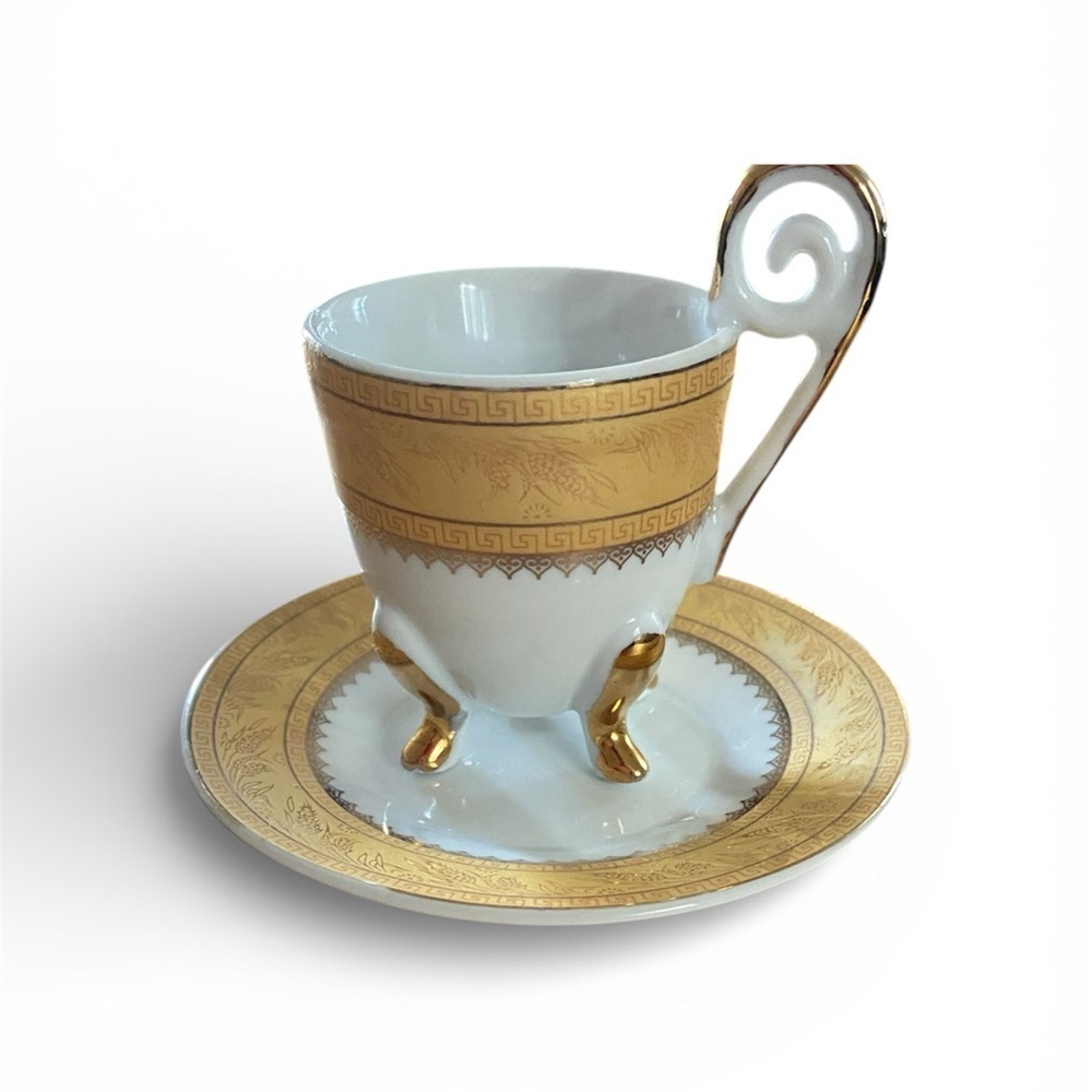 Vintage Porcelain Demitasse Elegant Gold White Footed Mini Teacup Saucer Set - Picture 2 of 15